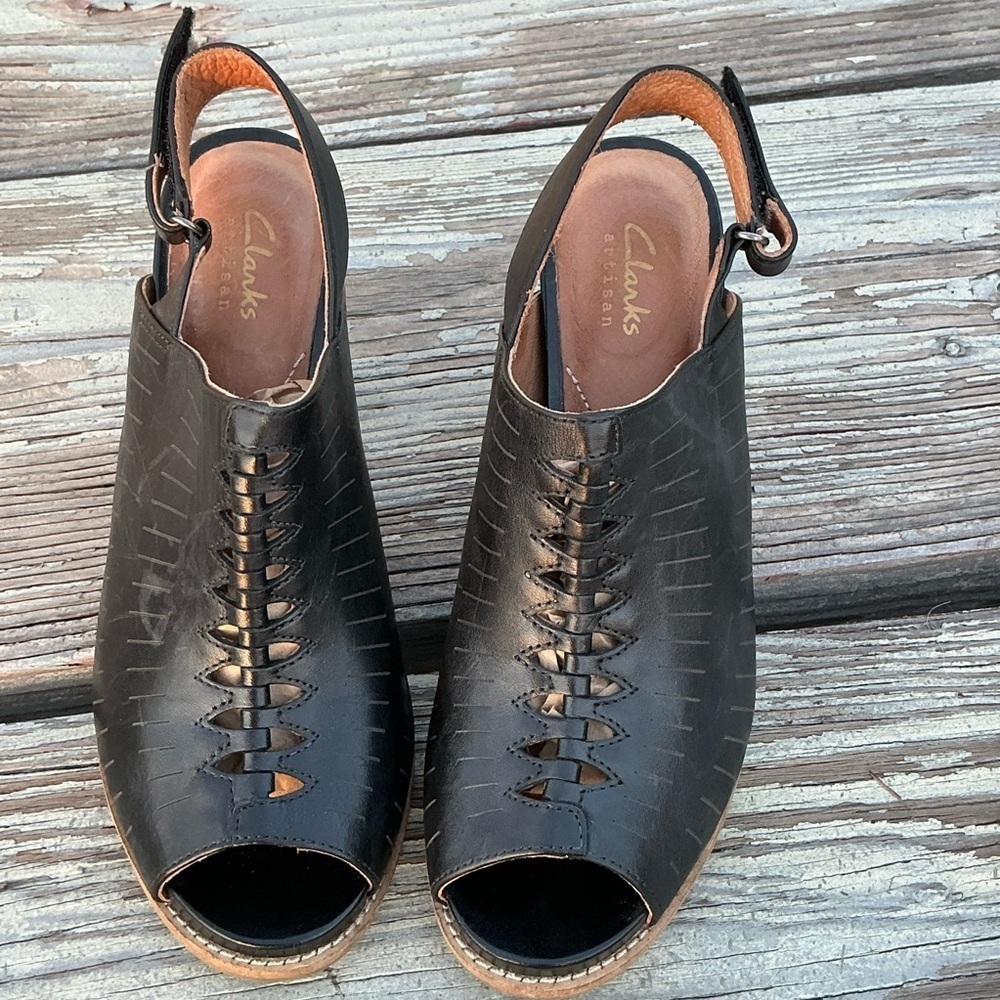 Clarks Black Mules with Decorative Lace Details